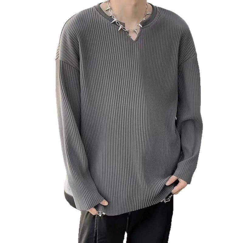 Plus size striped texture draping pullover top in gray, loose fit long sleeve blouse for women