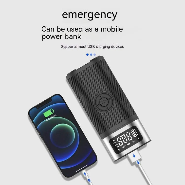 Black portable wireless vehicle air pump with USB charging cable and multiple inflation nozzles including bicycle and ball attachments