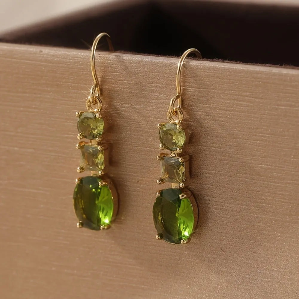 Green geometric copper drop earrings with quadrilateral design for bohemian retro style