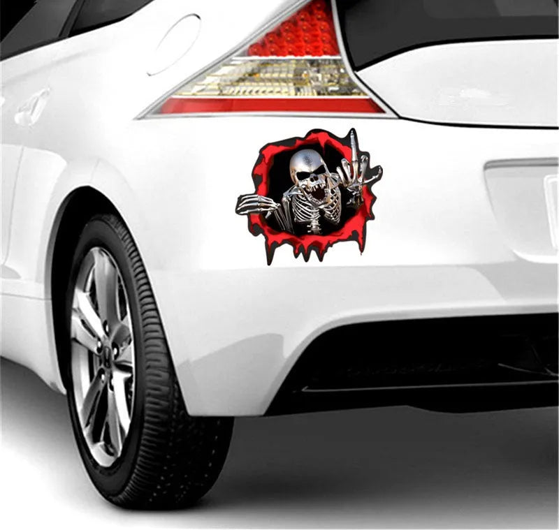 Reflective colourful metal skull car sticker measuring 15 by 14 centimetres