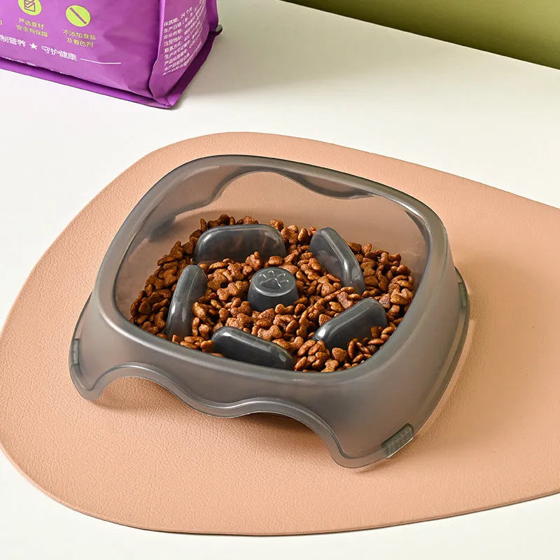 Dog slow feeder bowl with anti-choking maze pattern in BPA-free plastic available in four colours