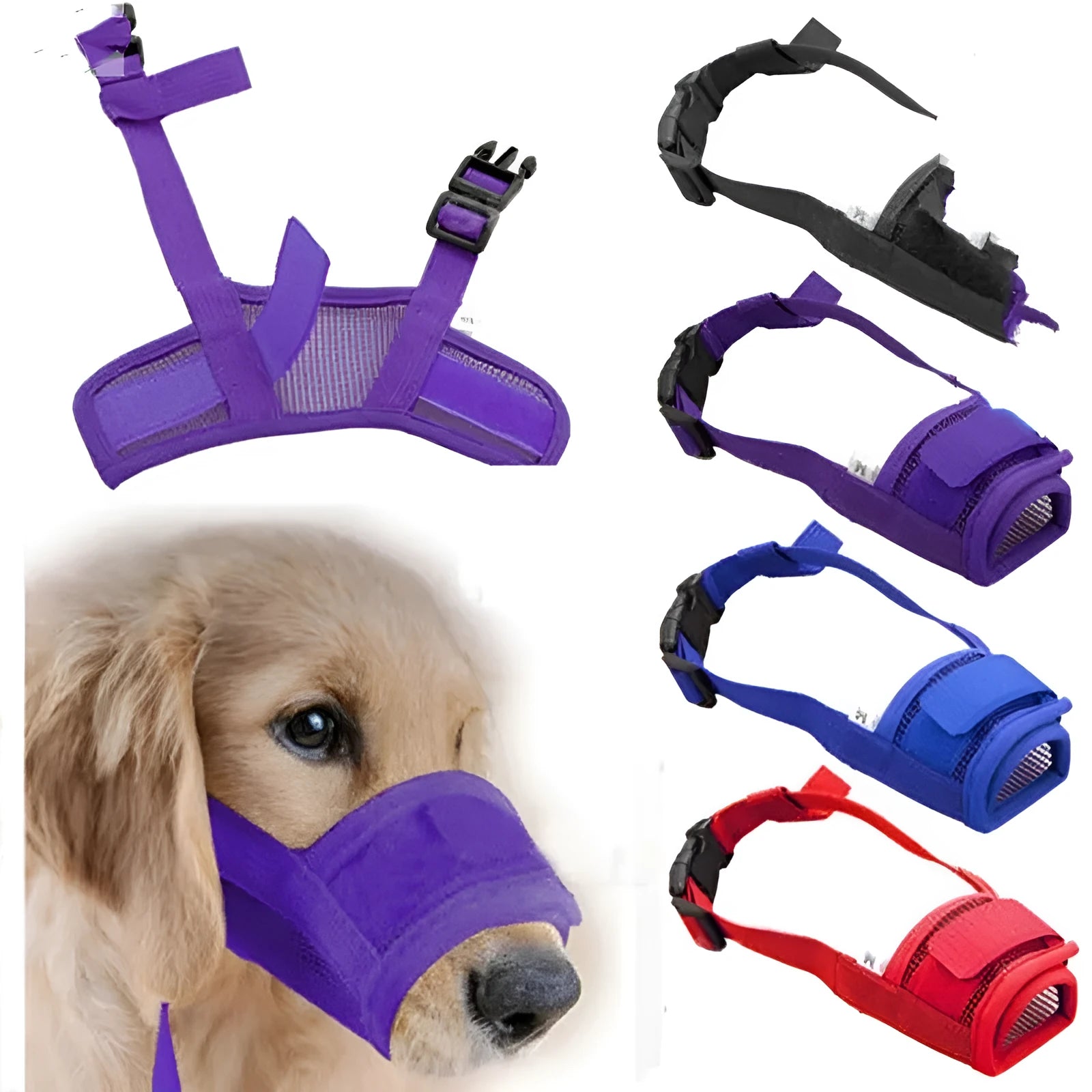 Adjustable plastic basket dog muzzle shown in multiple colours and sizes for biting and barking control.