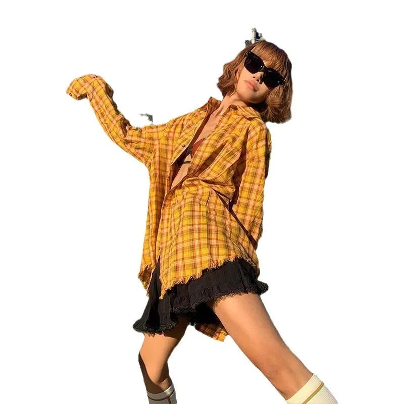 Yellow dopamine pattern plaid shirt with loose cardigan fit on hanger