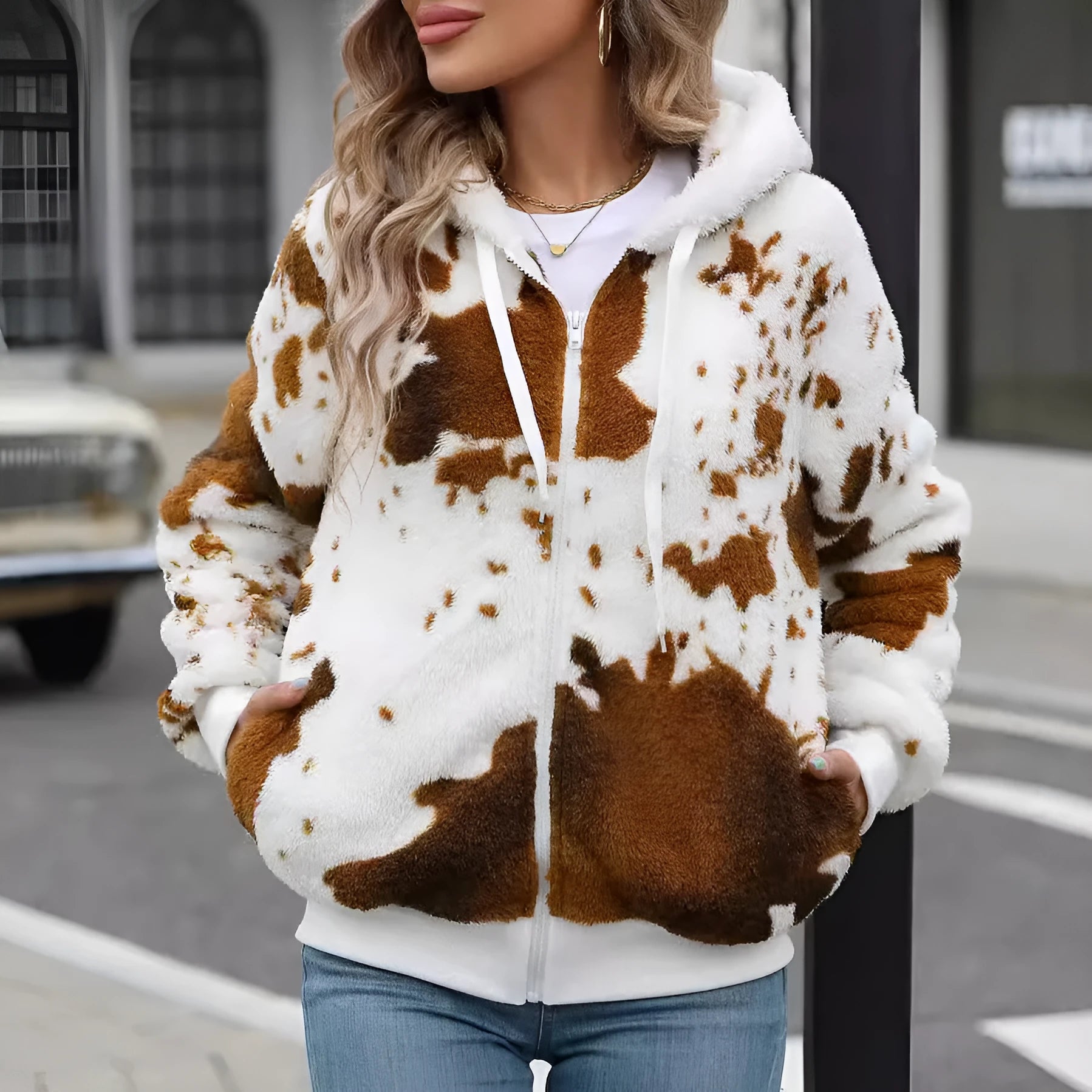 Men's yellow brown cow animal print hooded zip cardigan jacket