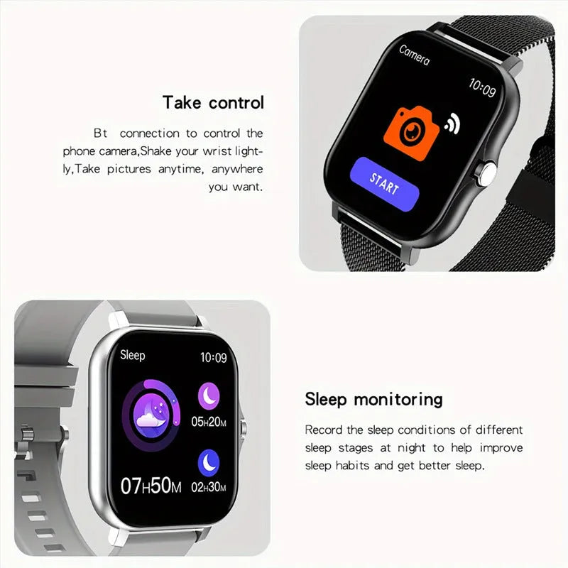 Smart watch with 1.44-inch touch screen showing heart rate and step count display on silicone strap