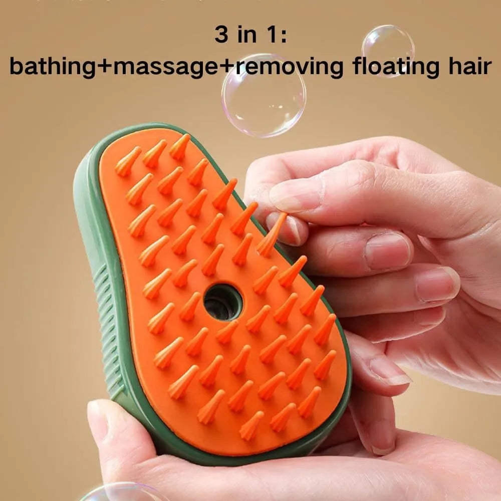 Green and white rechargeable cat steam brush with silicone bristles and water spray nozzle.