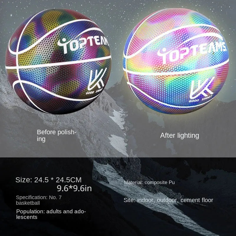 Holographic luminous reflective PU basketball No. 7 with fluorescent glow in chroma colour