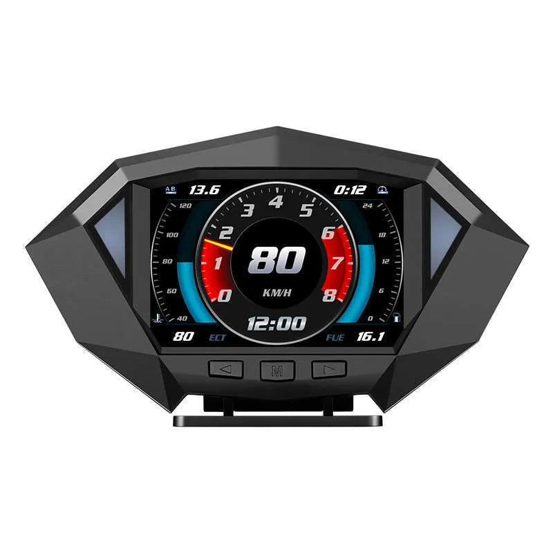 P1 model black car head-up display unit on dashboard with OBD cable