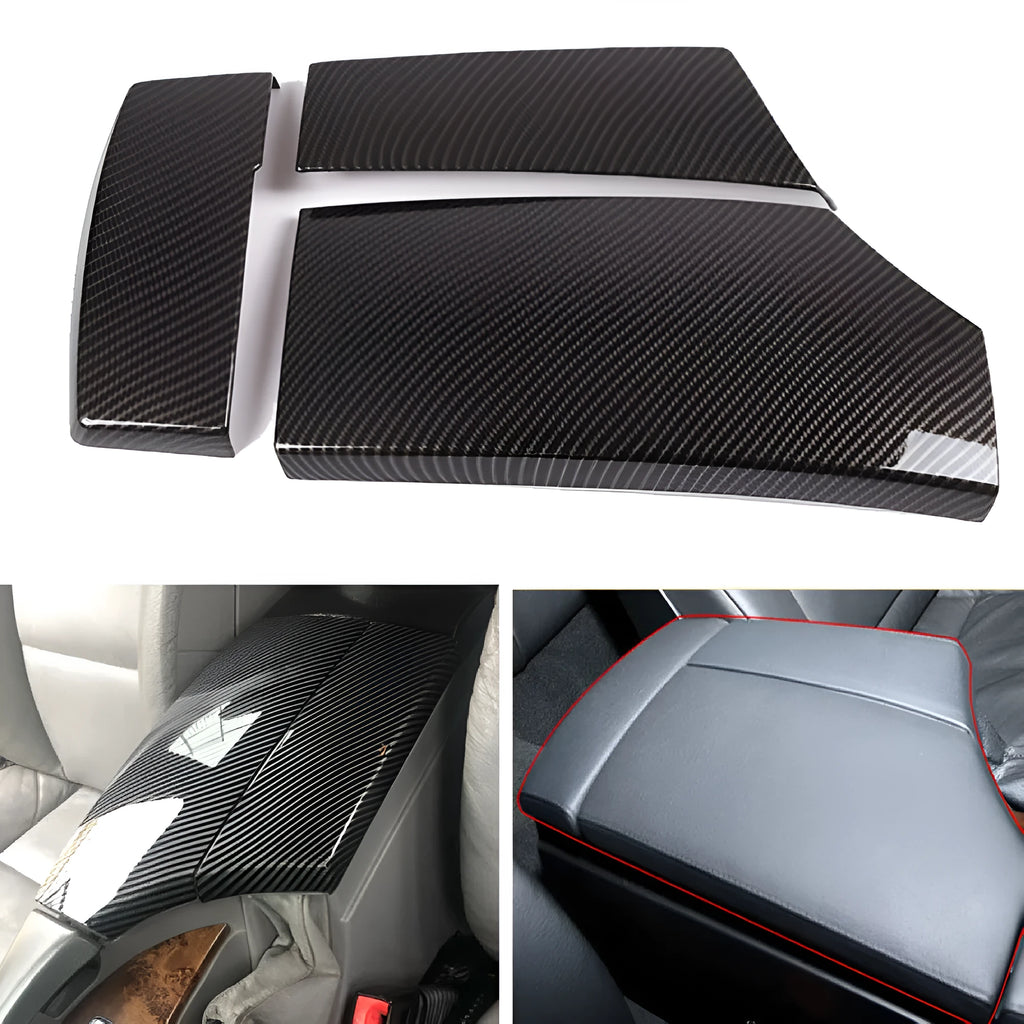 Three ABS plastic armrest box protective covers with carbon fibre pattern, measuring 33.5cm by 16cm