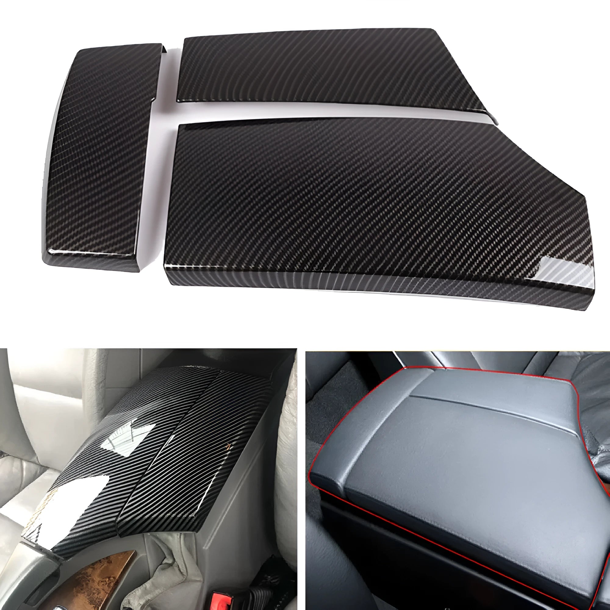 Three ABS plastic armrest box protective covers with carbon fibre pattern, measuring 33.5cm by 16cm