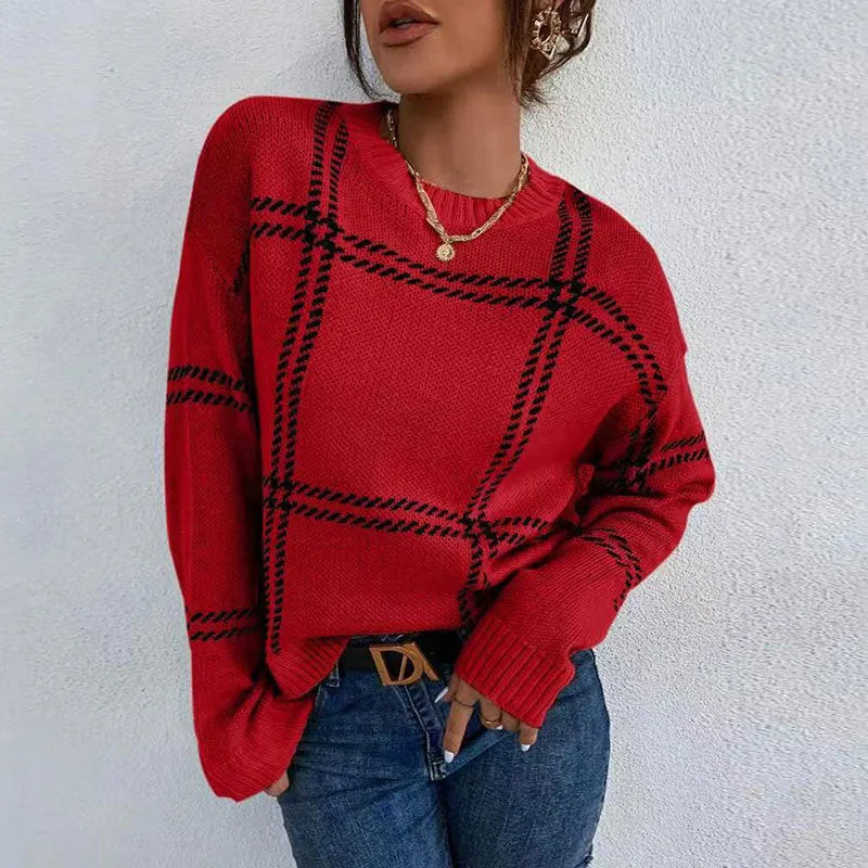 Women's loose fit plaid colour-block sweater with apricot, black, beige, red, and green stripes, crew neck pullover.