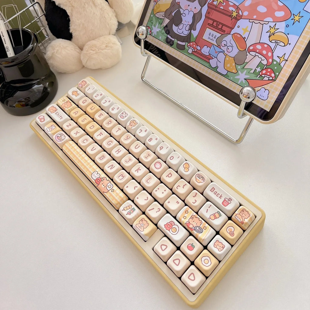 Set of 140 PBT plastic keycaps for mechanical keyboards in EOA height with Rabbit Bear Restaurant graphics.