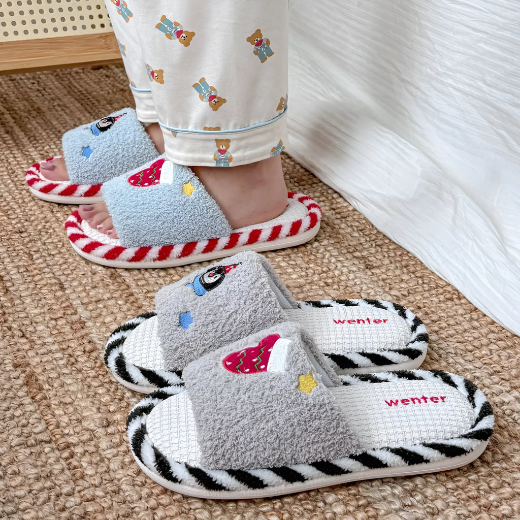 Breathable sweat-absorbent fluffy home slippers with plush upper and PVC sole in colours black, blue, gray and white