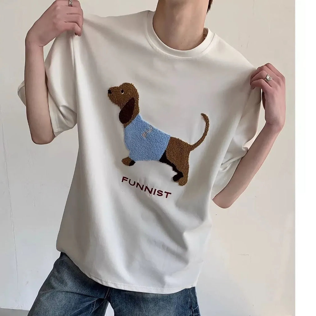Men's grey cotton t-shirt with embroidered dachshund dog design on the front.