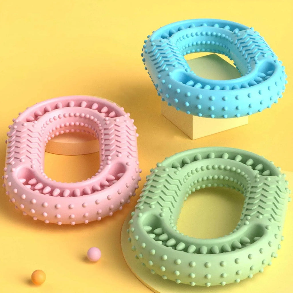 Blue green pink O-ring dog chew toy for aggressive chewers, 12.5cm diameter heavy-duty dental toy