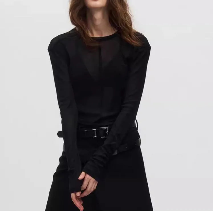 Black mesh see-through slim-fit long sleeve pullover top on a hanger