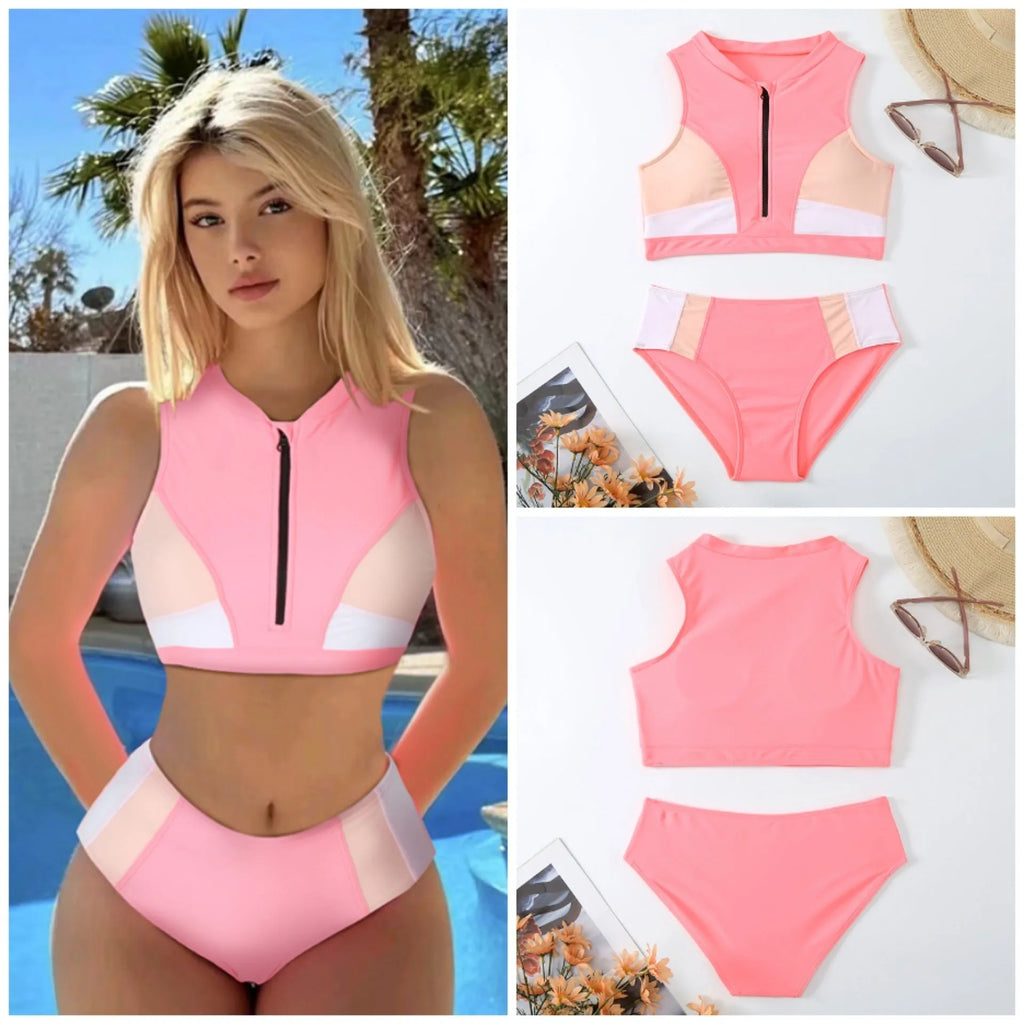 Pink high waist split bikini swimsuit on a mannequin, showing the briefs style and solid colour.