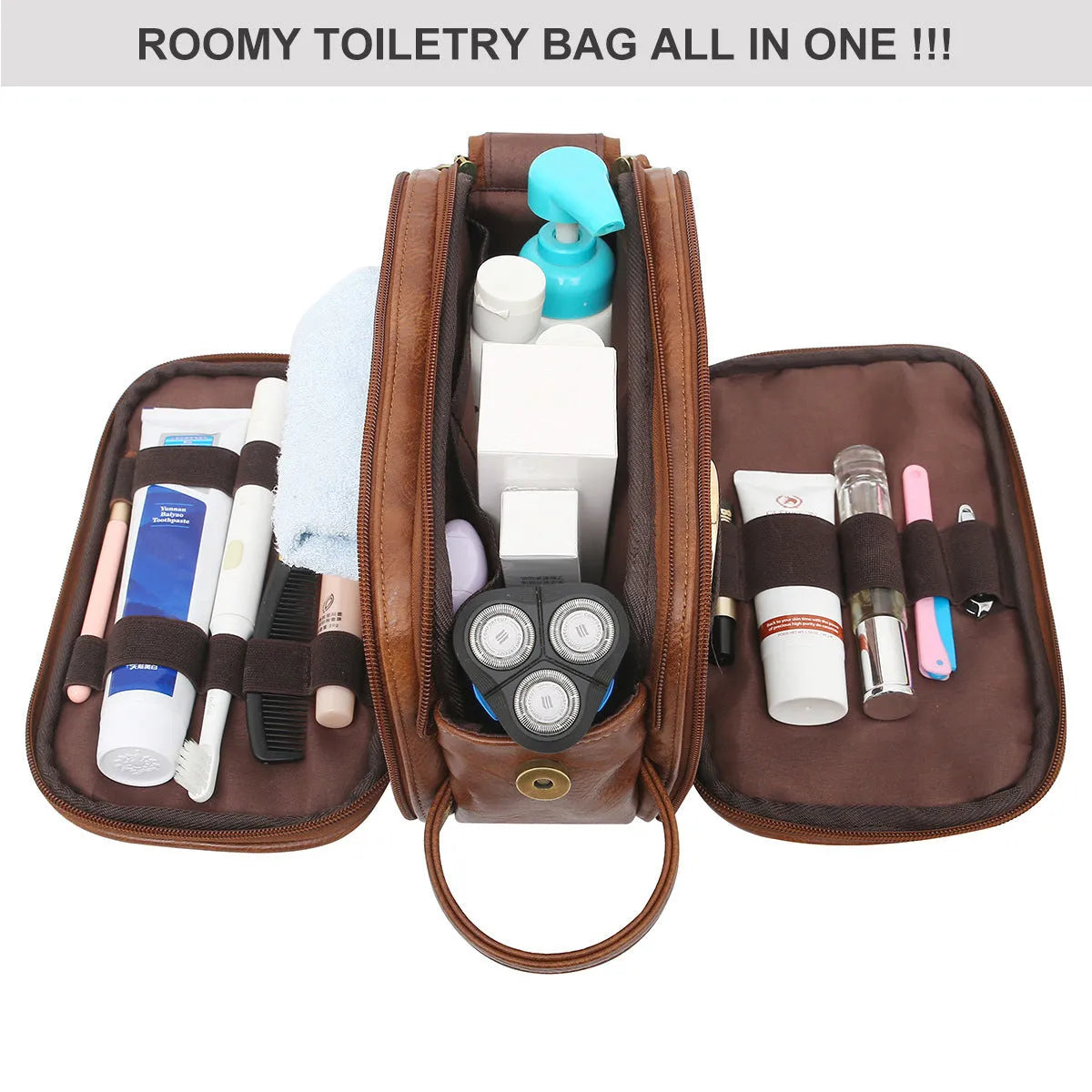 Men's black or brown Pu leather toiletry bag for travel storage.