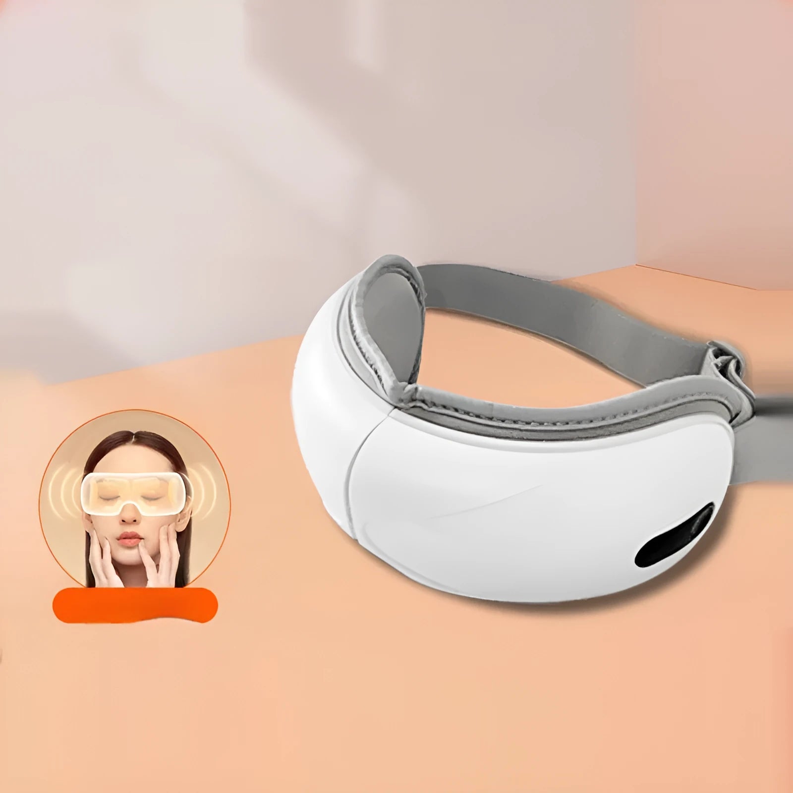 White rechargeable eye massager with airbag compression and heat therapy shown front view.