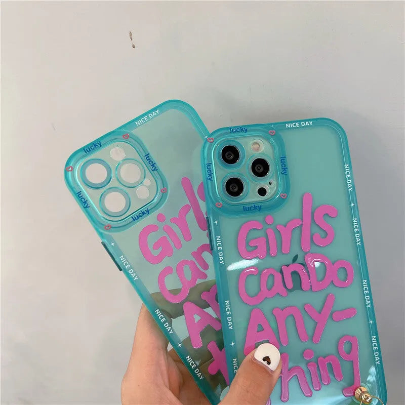 Mint green graffiti TPU phone case with lanyard showing blue-haired girl eating bread design for Apple iPhone