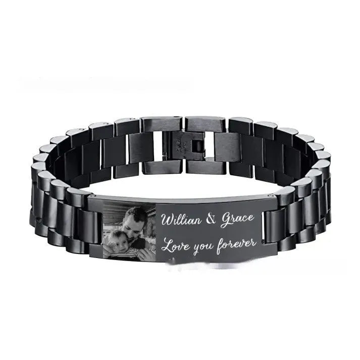 Titanium steel men's bracelet with curved heart shape and engraved lettering in black or grey finish