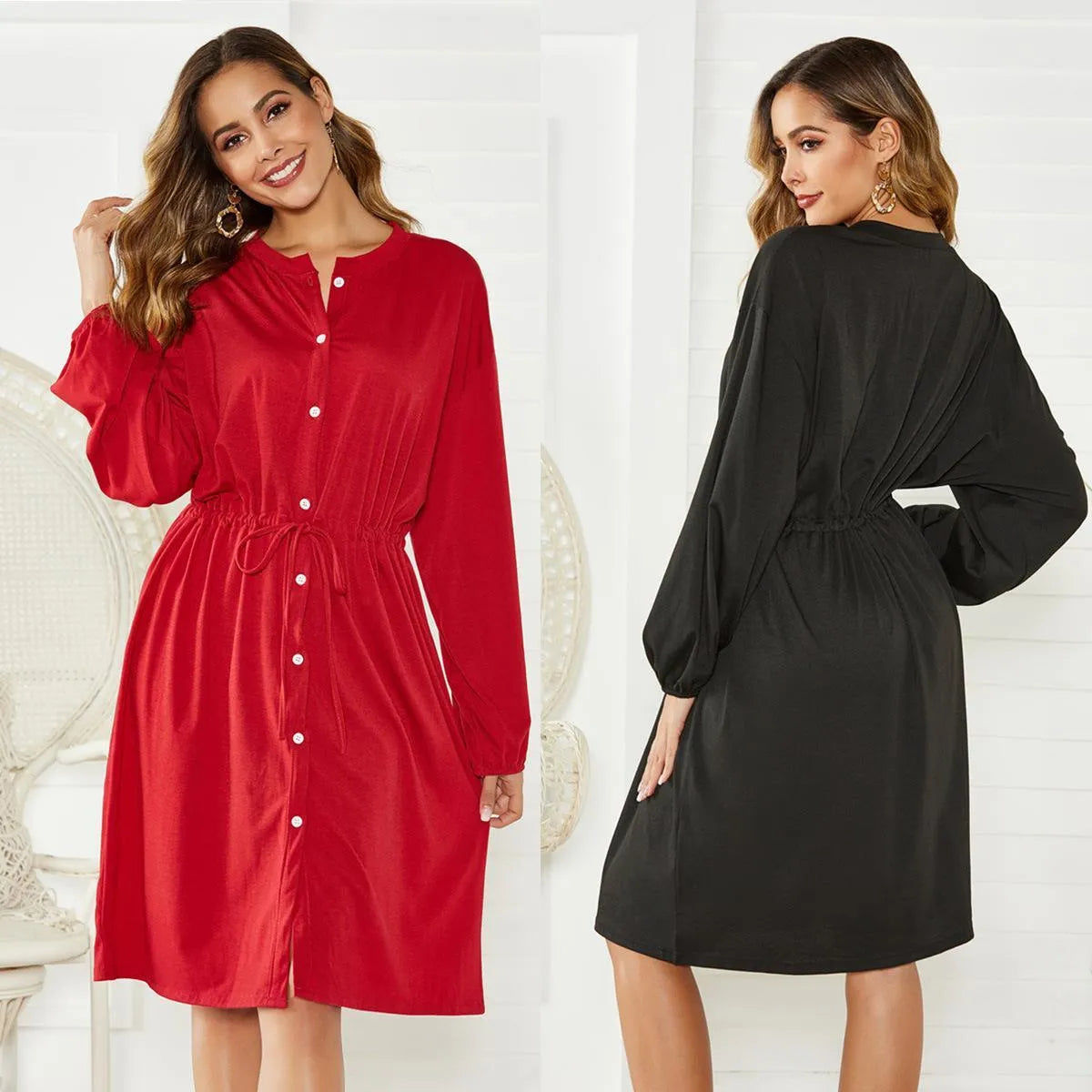 Women's black mid-length dress with elastic waist and belt, A-line skirt, long sleeves