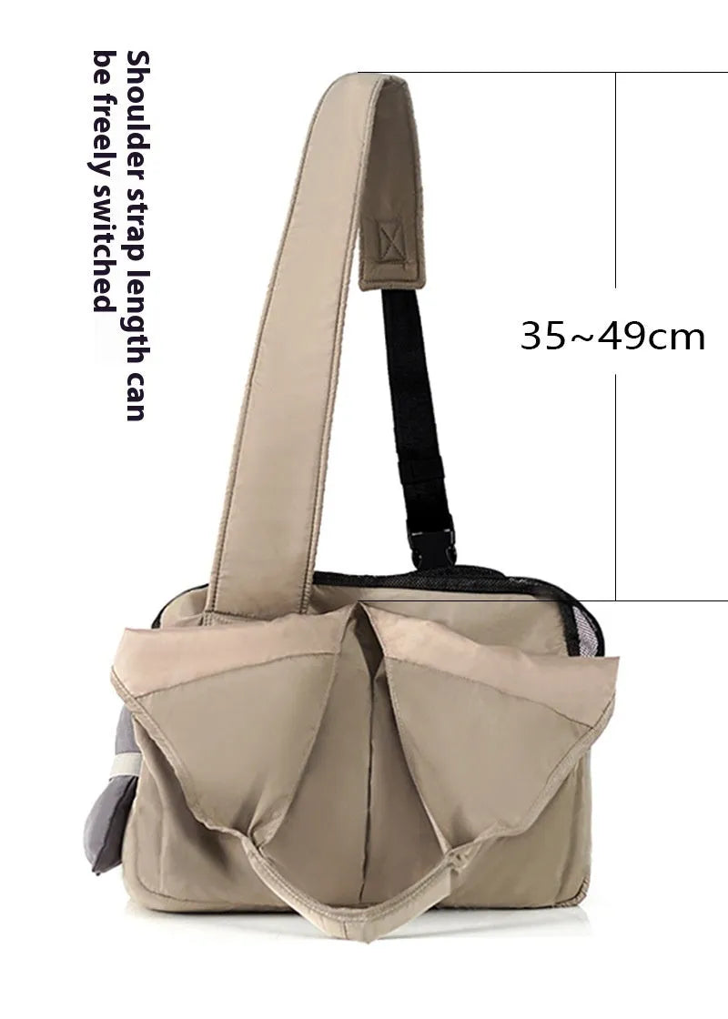 Apricot cloth pet carrier handbag showing dimensions of 41cm length by 16cm width by 28cm height