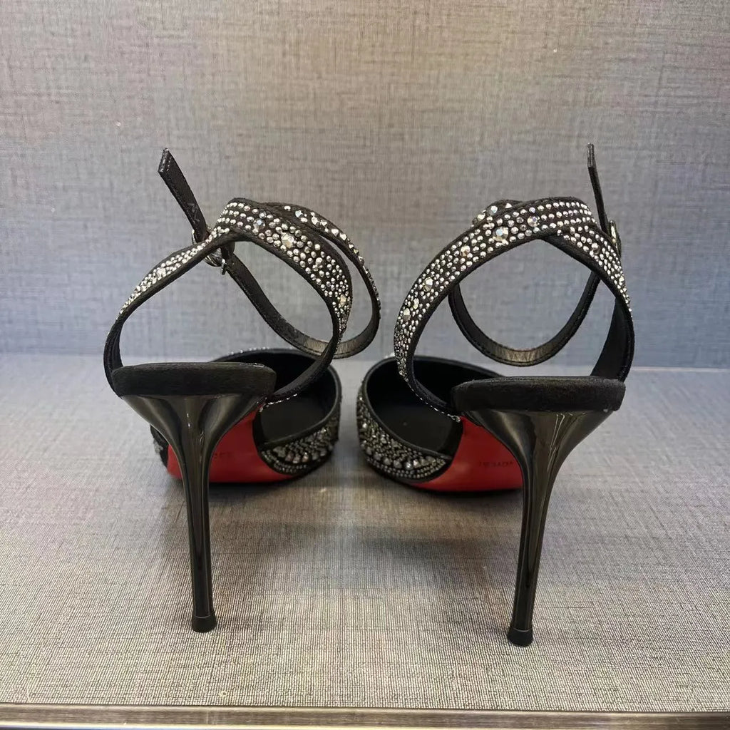 Women's hollow high heels with red sole, pointed toe stiletto design in black and silver colour options