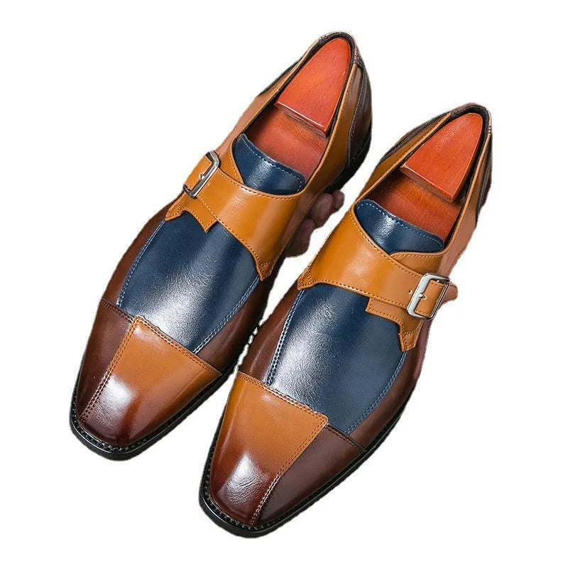 Men's brown blue and black British retro buckle casual leather shoes with tall crown design