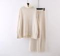 Women's beige acrylic fibre sweater and wide leg pants two-piece casual set.