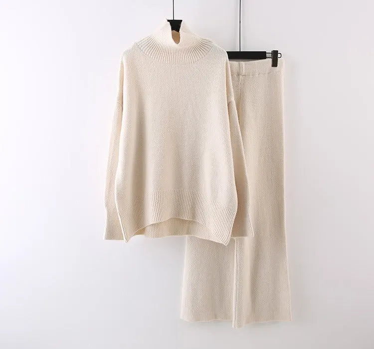 Women's beige acrylic fibre sweater and wide leg pants two-piece casual set.