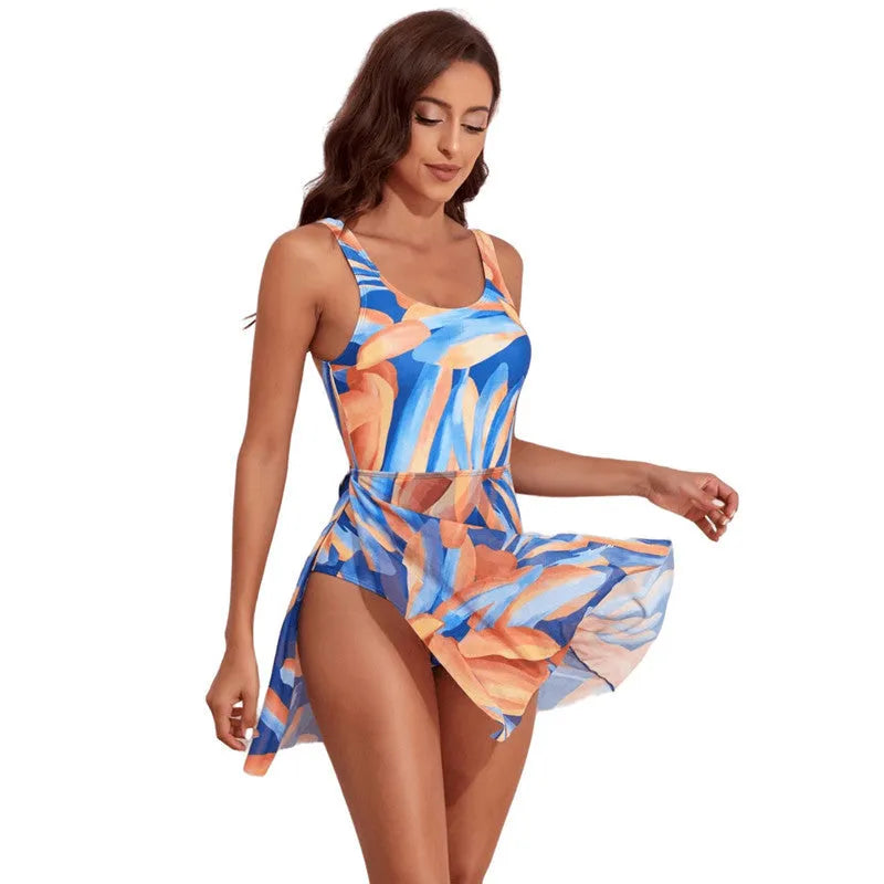 Women's single-shoulder one-piece swimsuit with floral digital print and conservative no-back design