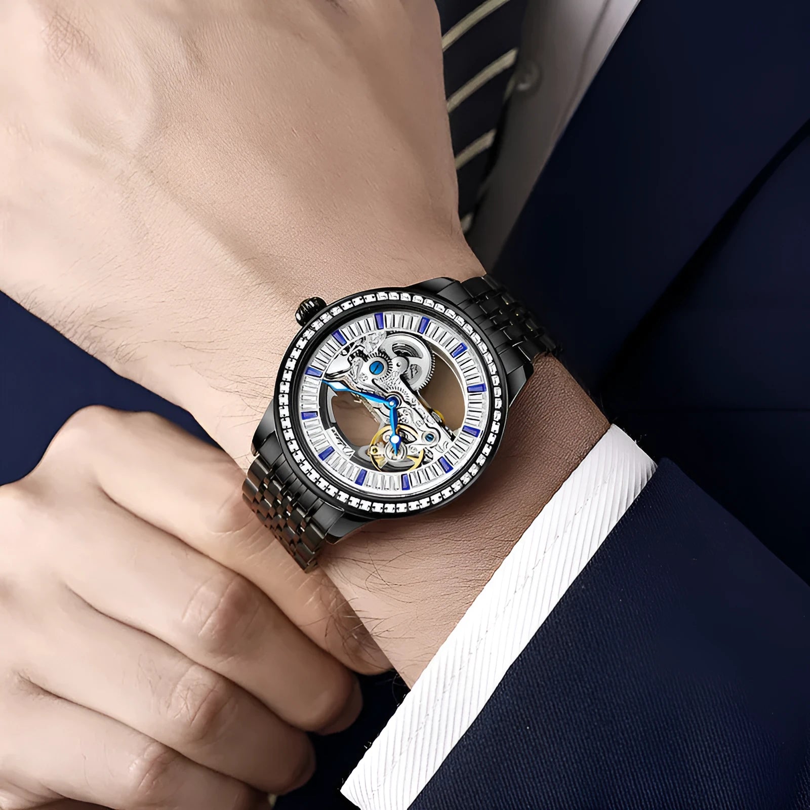 Men's mechanical business watch with transparent case back showing movement, available with leather or steel strap