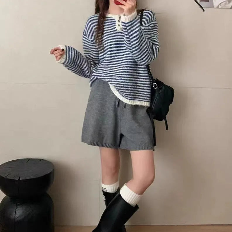 Retro loose cashmere striped sweater for women free size long sleeve pullover red blue colour block