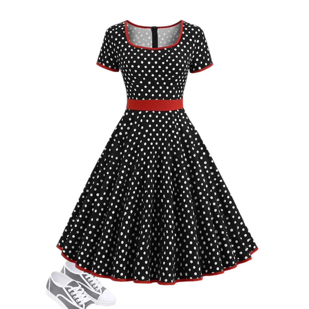 Square collar short sleeve polka dot dress with front zipper and pleated midi skirt