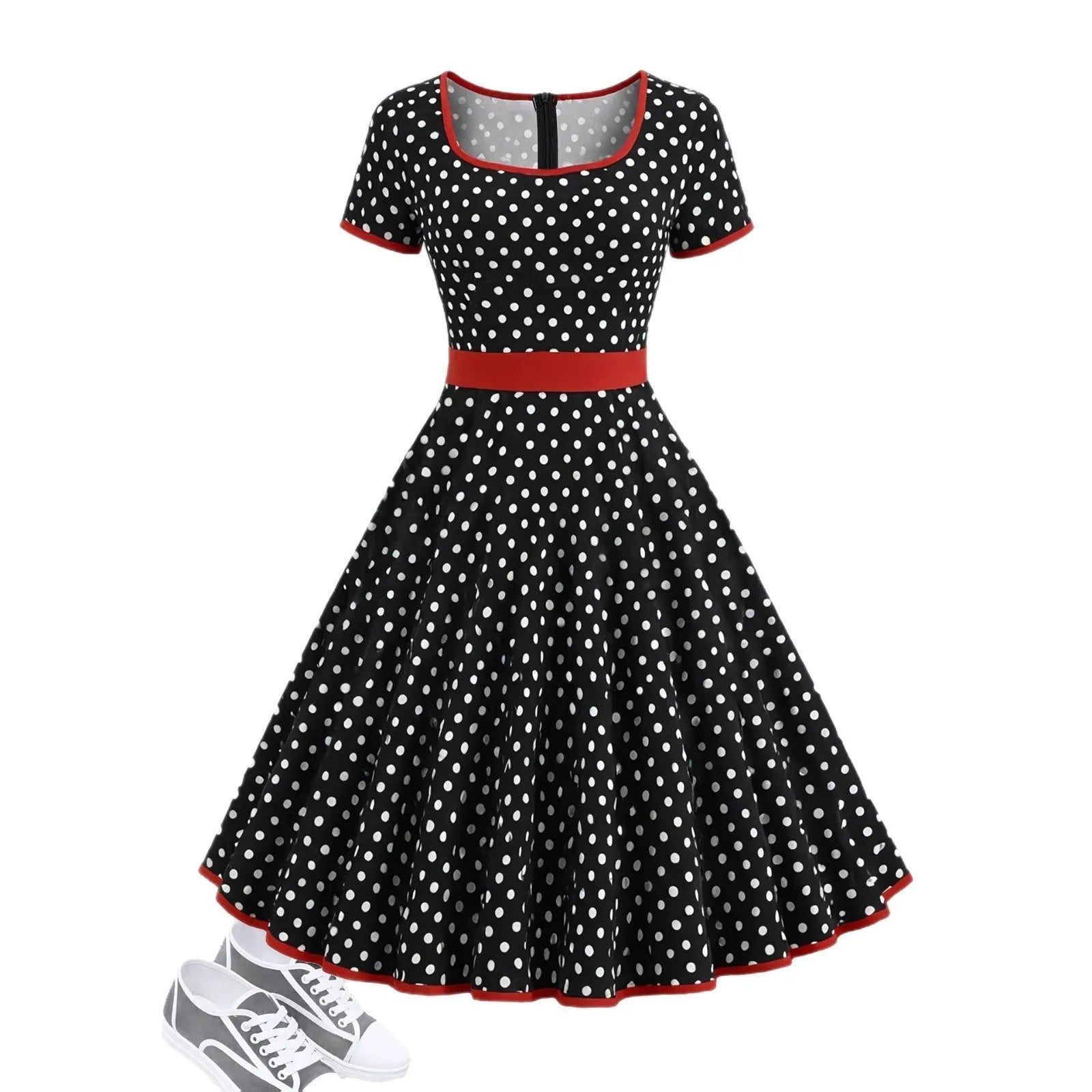 Square collar short sleeve polka dot dress with front zipper and pleated midi skirt