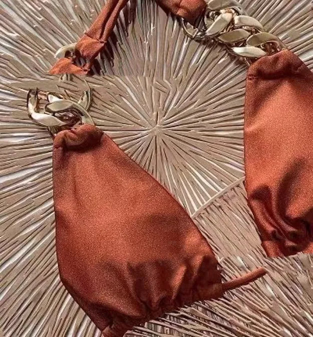Brown tube-top push up bikini swimsuit with adjustable ring tether for women