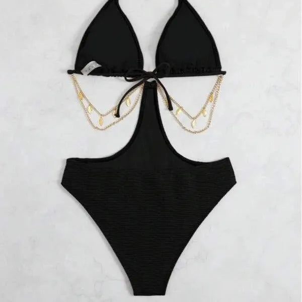 Women's chain-detailed bikini swimsuit in polyester fabric showing sleeveless design