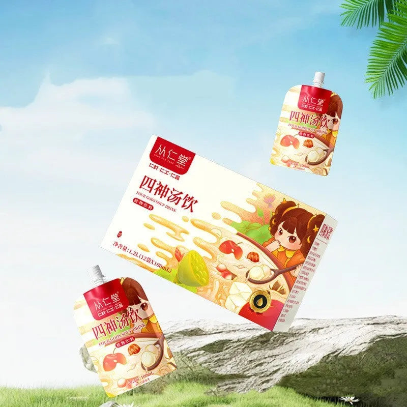 Box of health-enhancing herbal tea with 12 bags of 100ML decoction featuring lotus seed, poria, and yam for children's spleen and stomach support