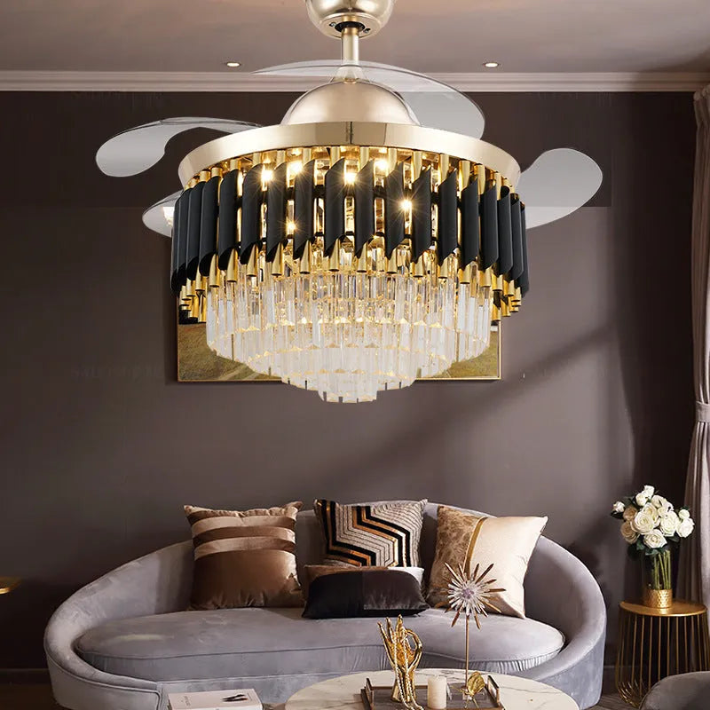 Crystal chandelier ceiling fan light with remote control in 42 or 48 inch diameter options