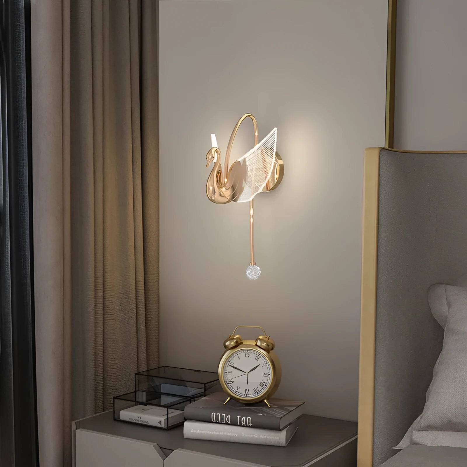 Gold modern minimalist swan wall lamp with iron body and acrylic shade for bedroom bedside lighting