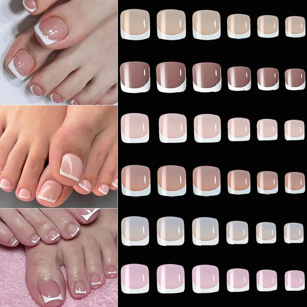 Open box showing 120 full square short French white edge toe nail tips in various nude shades.