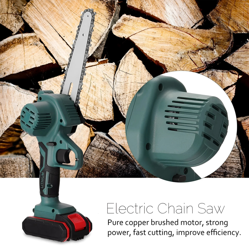 Black or green one-handed mini electric chainsaw with 4-inch guide on a workbench.