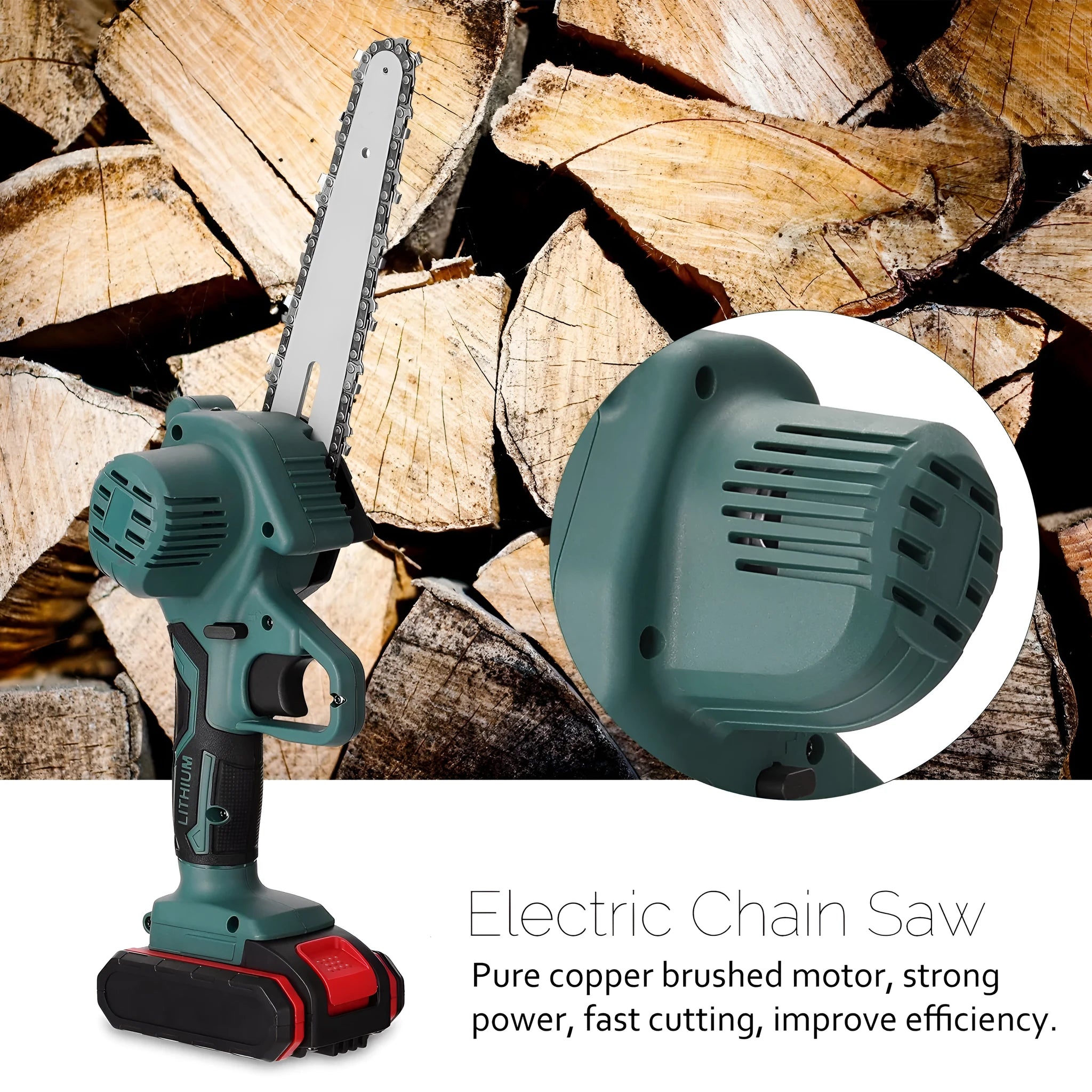 Black or green one-handed mini electric chainsaw with 4-inch guide on a workbench.