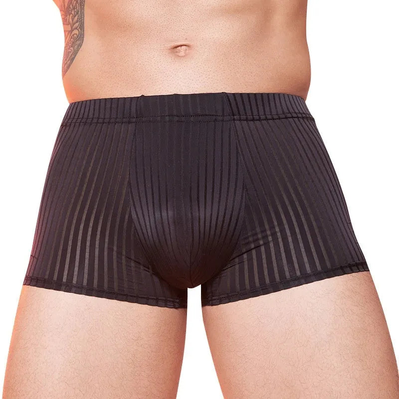Men's striped underwear in thin nylon fabric, shown in black, dark grey, and white colours.