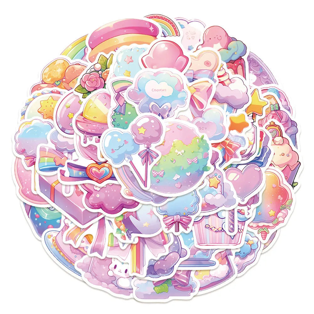 Pack of 50 sheets of cute candy small items themed waterproof decorative stickers.