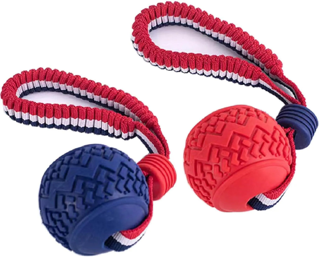 Blue dog toy with a textured rubber ball attached to a rope, shown on a white background.