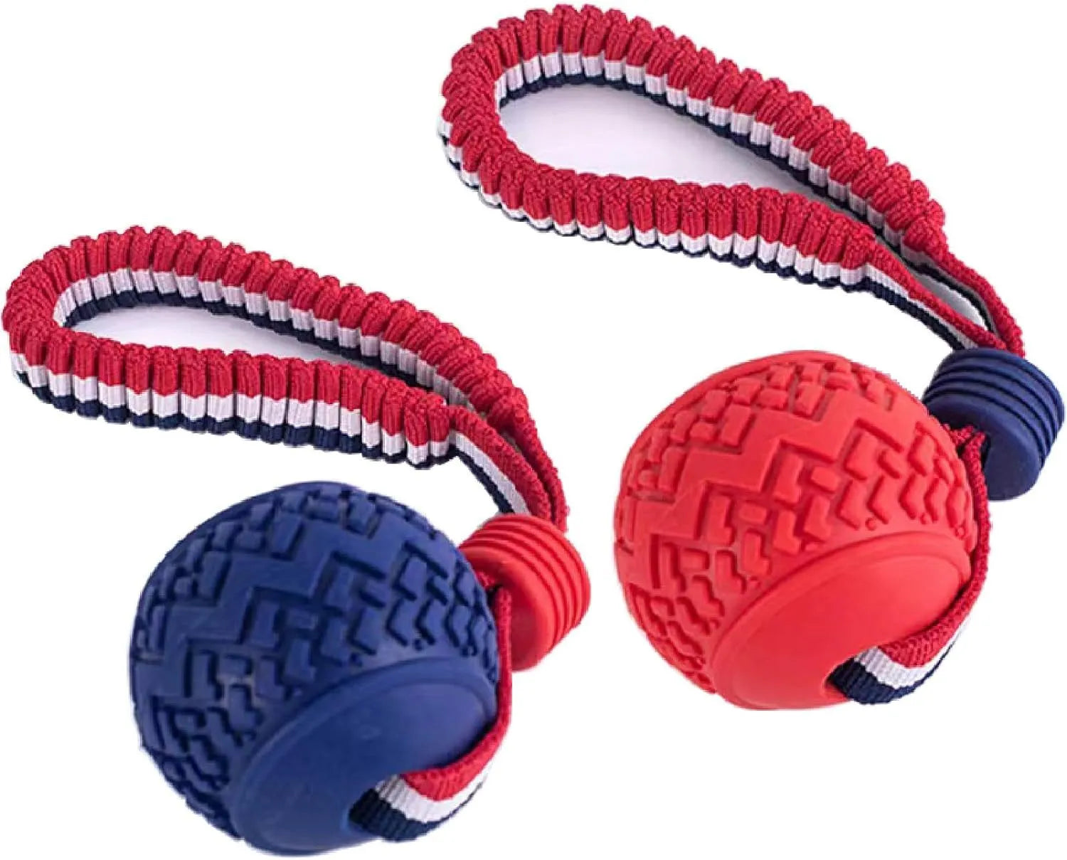 Blue dog toy with a textured rubber ball attached to a rope, shown on a white background.