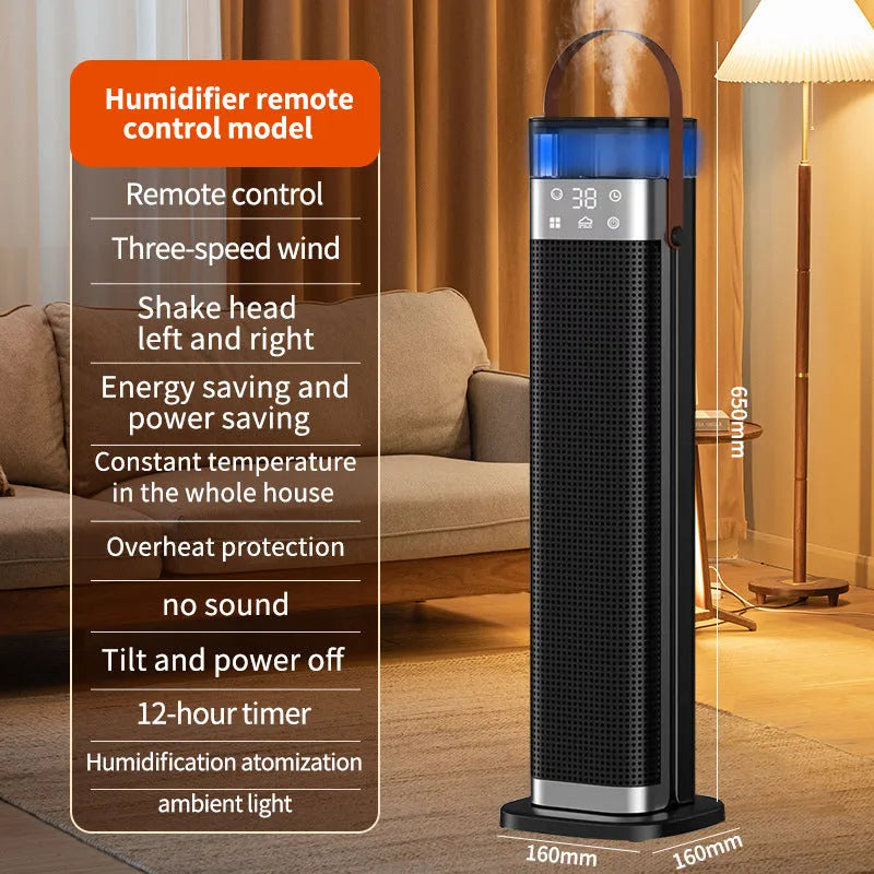 Tall, slim vertical ceramic heater with humidifier tank and remote control on a wooden floor.