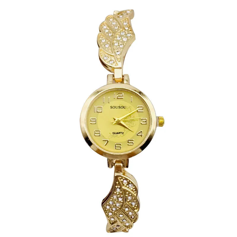 Stainless steel women's watch with round dial and vachette clasp, shown in gold, black, and white colour options.